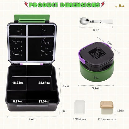 Game Bento Box for Kids, Lunch Box with Thermo(9oz Food Jar), Folding Spoon, Removable Divider & Sauce Cup, Lunch Box Kids for School,Travel, BPA-Free & Realistic Shape (Green-Purple)