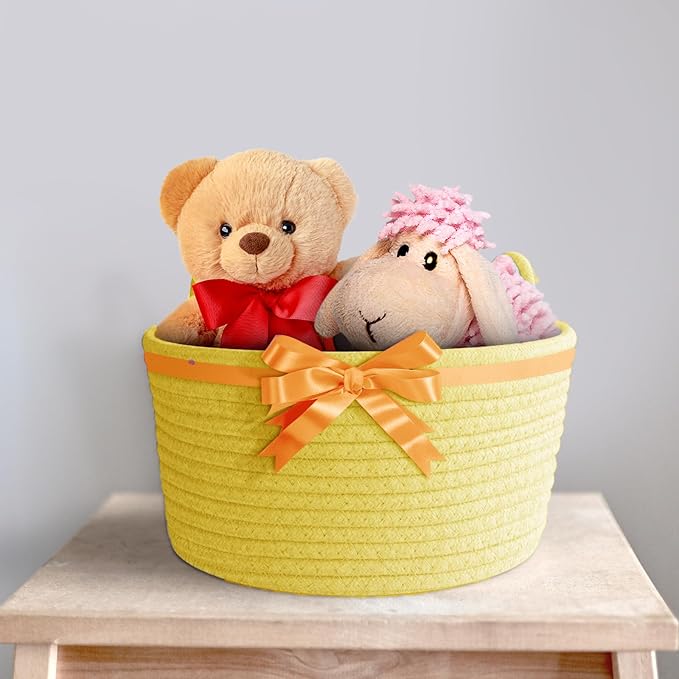 Woven Rope Basket with Cat Ears, Yellow, Round, 9.4 in