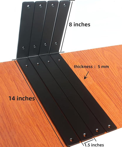 6 Pack - L 14" x H 8" x W1.5, 5mm Thick Black L Shelf Bracket, Iron Shelf Brackets, Metal Shelf Brackets, Floating Shelf, Shelf Supports with Screws