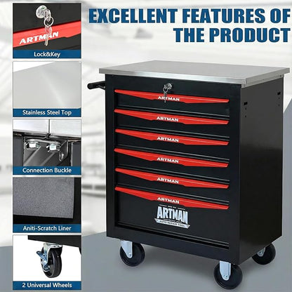 6-Drawer Rolling Tool Chest with Stainless Steel Countertop, Tool Chest with Secure Locking System, Mobile Storage Tool Cabinet with 360°Wheels and Padded Feet for Garage,Home (Black+Red)