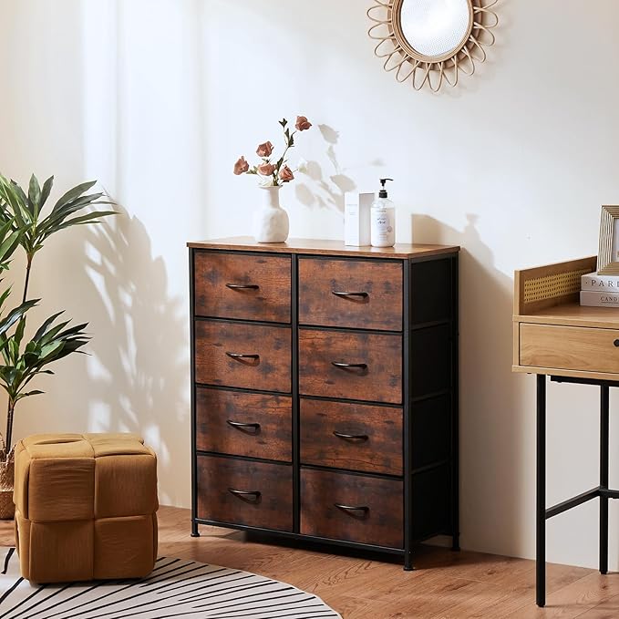OLIXIS 8 Drawer Storage Dresser with Wood Top - Wide Fabric Chest Organizer for Bedroom, Closet, Living Room,Tower Cabinet, TV Stand, Hallway Entryway Furniture,Brown