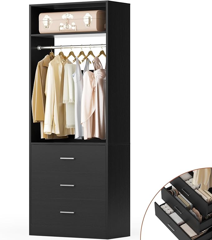 Freestanding 2FT Closet System with 3 Wood Drawers, 24" Closet Organizer System with Hanging Rod & Shelves, Walk-in Closet Systems for Small Closets, Black (24"L x 15" W x 80" H)