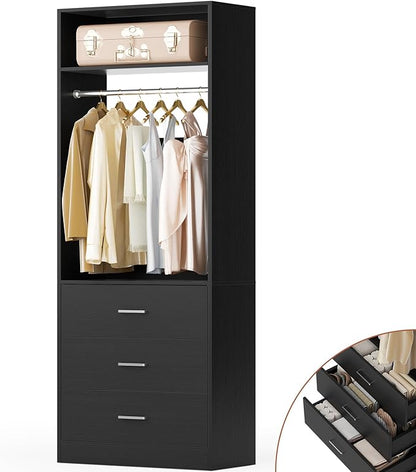 Freestanding 2FT Closet System with 3 Wood Drawers, 24" Closet Organizer System with Hanging Rod & Shelves, Walk-in Closet Systems for Small Closets, Black (24"L x 15" W x 80" H)