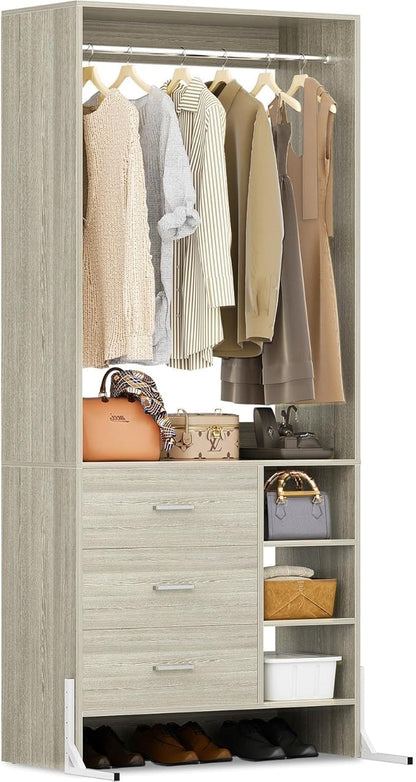 Aheaplus 2.5FT Closet System with 3 Drawers, 29.5’’ Closet Organizer, Wood Closet Organizer System, Walk-in Closet or Small Closets Wardrobe, Clothes Rack with Hanging Rods,-E6, White Oak