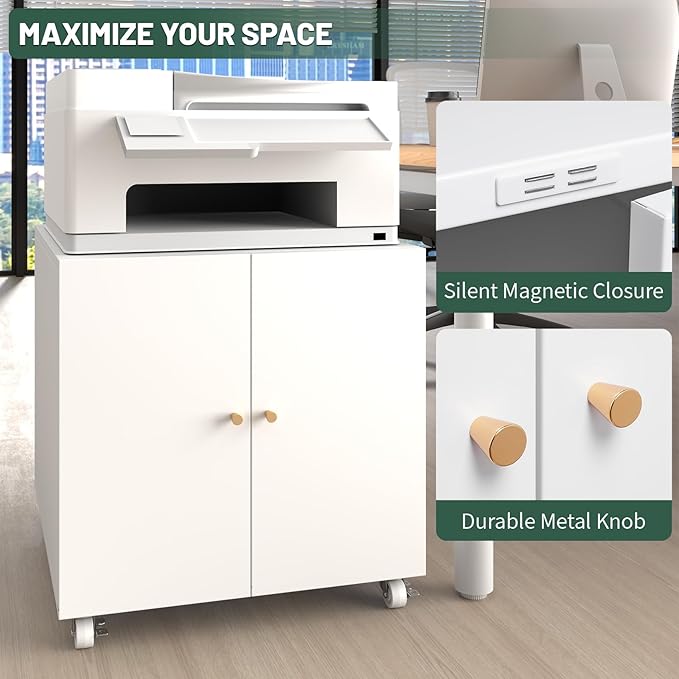 Printer Stand with Storage Cabinet with Wheels,3D Heavy Duty Metal Large Printer Table with Adjustable Shelf for Home Office, Mobile Printer Cart,White,23.6" H