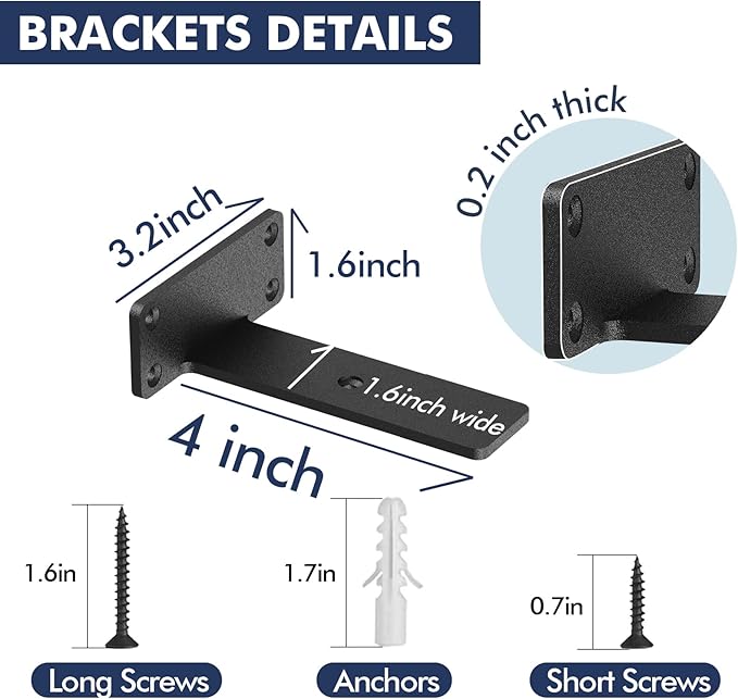8 Pack Floating Shelf Brackets, 4 Inch Heavy Duty Industrial Shelf Bracket, Black Metal L Brackets for Shelves Support DIY(1/5 Inch Thicked)