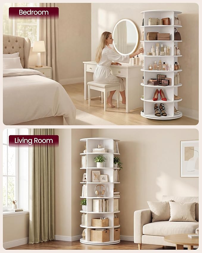 VASAGLE 7-Tier Rotating Shoe Rack Tower, Free Standing 360 Degree Spinning Shoe Organizer, Lazy Susan Bag Display Storage Rack, for Corners, Closets, Small Spaces, White ULBS047WZ01
