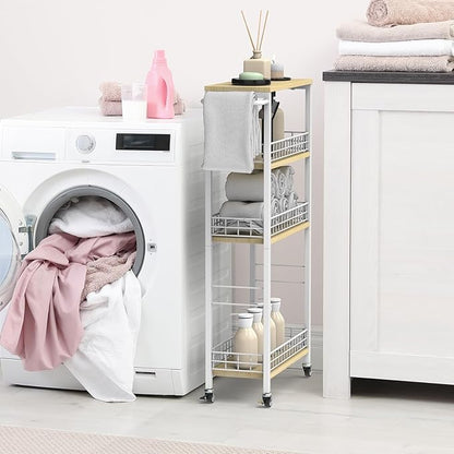 Slim Storage Cart White Narrow Storage Cabinet 4 Tier Laundry Room Organization Mobile Bathroom Shelving Unit Organizer Rolling Utility Cart Slide Out Kitchen Cart Tower Rack for Narrow Places 7.08’’W