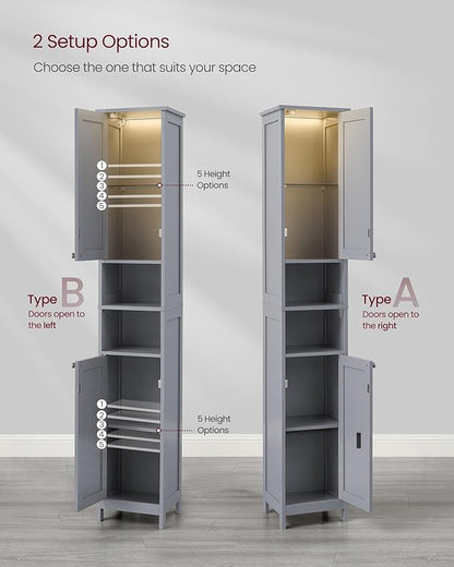 VASAGLE Tall Storage Cabinet with Lights, Slim Freestanding Cabinet with Adjustable Shelves, for Small Spaces, Bathroom, Living Room, Modern, 11.8 Inches Wide, Dove Gray UBBC566G02