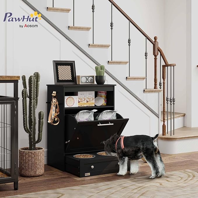 PawHut Dog Feeding Station with Raised Bowls & Storage Cabinet, Pet Feeder Cabinet Container with Hanger for Feeding & Watering Supplies, Dog Food Organizer, Black