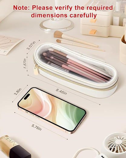 Clear Travel Makeup Brush Holder, Leather Makeup Brush Toiletry Bag, Portable Cosmetic Brush Case, Transparent Waterproof Makeup Brush Storage Bag, White, Large