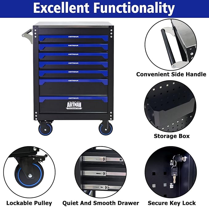 30 inch 7-Drawer Rolling Tool Chest with Wheels,Stainless Steel Countertop Heavy Duty Tool Cart,Locking System, Rolling Cabinet for Garage Warehouses,Repair Shops,Requires Assembly (Black&Blue)