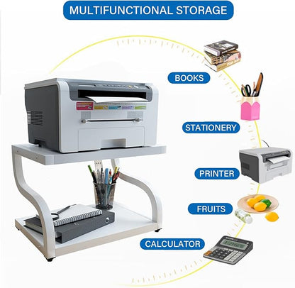 PUNCIA 2 Tiers Wood White Home Office Desktop Printer Stand Laser Printer Copier Stand with Storage Tabletop Heavy Duty Rack Desk Organizer Shelf Dual for Small Space Double Tiers Tray