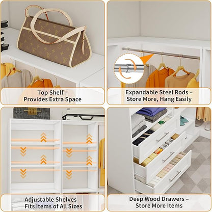 Closet System with 3 Sets, 6.5-16FT Corner Closet Organizer System with 6 Drawers & 11 Shelves & 6 Hanging Rods, Custom L-Shaped Modular Walk-in Closet Organizers and Storage System Corner, White