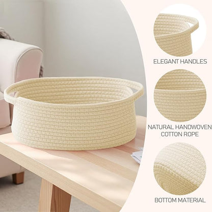 Woven Basket,Small Rope Storage Bin with Handles & Ribbon Bag, Organizer for Shelves Closets,Gift Basket Empty for Birthday,Books,Dog Toys,Beige/2 Pack