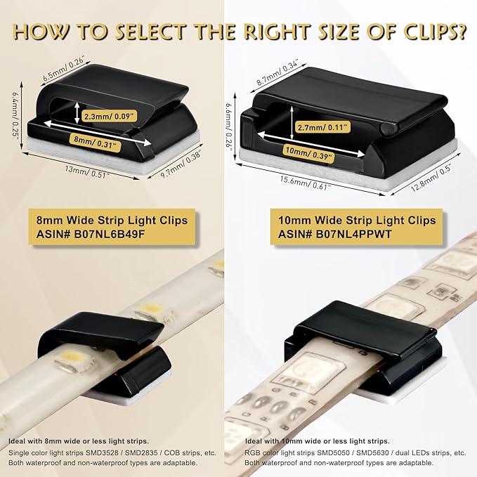 GooChan Strip Light Mounting Clips Self-Adhesive Tape Brackets Holder,100-Pack Clamps Fix Light Strip 8mm 10mm 12mm (for 10mm (3/8") Black Wide Strip Lights)