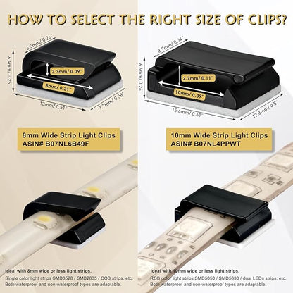 GooChan Strip Light Mounting Clips Self-Adhesive Tape Brackets Holder,100-Pack Clamps Fix Light Strip 8mm 10mm 12mm (for 10mm (3/8") Black Wide Strip Lights)