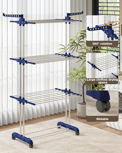 Bigzzia Clothes Drying Rack, 67.7 Inch Laundry Drying Rack with Foldable Base, 4 Tier Stainless Steel Drying Rack Clothing, Movable Laundry Rack for Indoor Outdoor-Blue