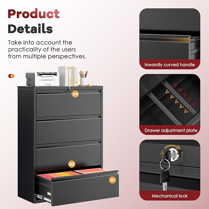 Bonusall File Cabinet, Lateral Filing Cabinet, 4 Drawer Metal File Cabinet with Lock, Lockable Filing Cabinet for Home Office, Hanging Files Letter/Legal/A4/F4 - Black
