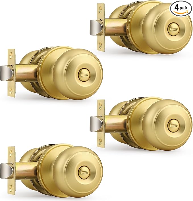 Probrico Brushed Brass Bed/Bath Knobs Keyless Privacy Interior Doors Locksets, Gold Door Knobs 4 Pack