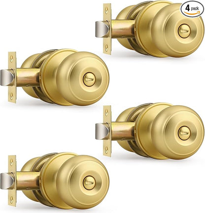 Probrico Brushed Brass Bed/Bath Knobs Keyless Privacy Interior Doors Locksets, Gold Door Knobs 4 Pack