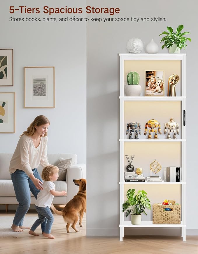 5 Tier Bookshelf with LED Light, Dimmable Bookcase with Touch & Remote Control, 3 Color Temperatures, Tall Modern Display Standing Shelf for Living Room, Bedroom, Home Office (White)