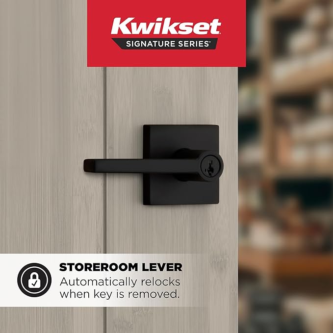 Kwikset Halifax Keyed Storeroom Entry Door Handle with Lock and Key, Secure Keyed Reversible Lever Exterior, Front Entrance and Bedrooms, Matte Black, Pick Resistant SMT Rekey Security and Microban