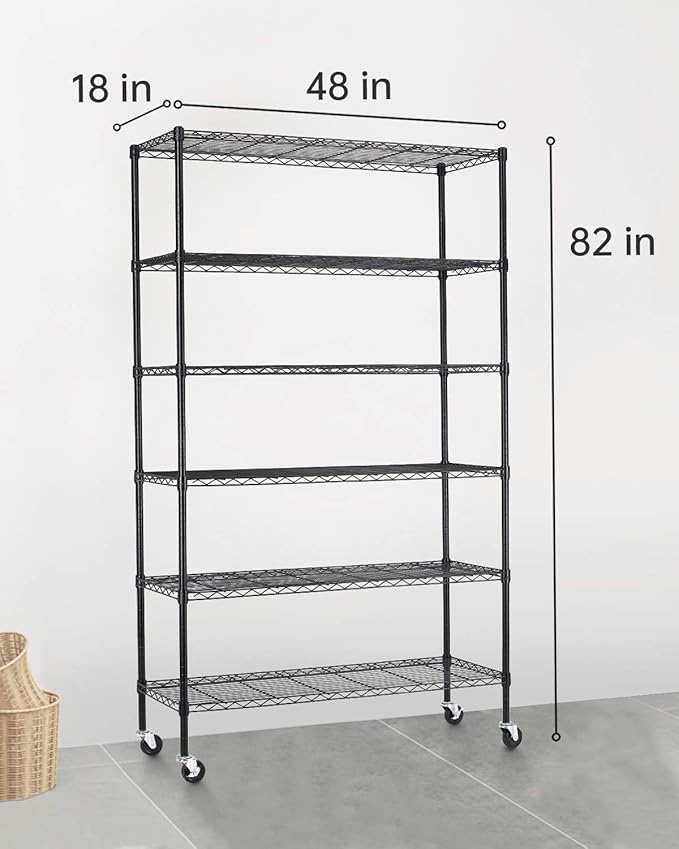 FDW Wire Shelving Unit with Wheels Steel 6 Tier Heavy Duty Layer Rack Storage Metal Shelf Garage Organizer Wire Rack Shelving Adjustable Utility 2100 LBS Capacity-18x48x82 inch (Black)