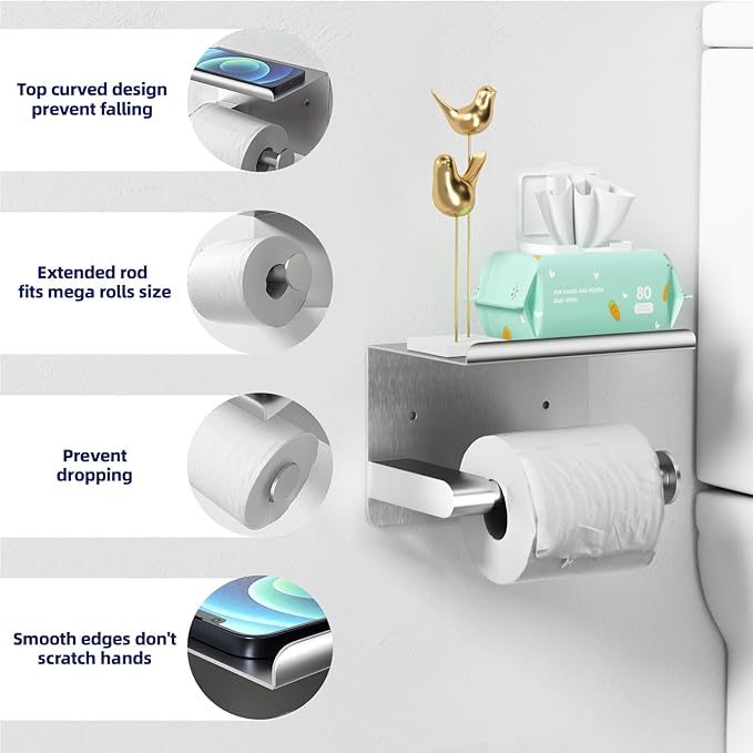 Brushed Nickel Toilet Paper Holder Wall Mount, Fits Mega Rolls Size Sliver Toilet Paper Holder with Shelf, Rustproof Stainless Steel Toilet Paper Roll Holder, Toilet Tissue Holder for Bathroom
