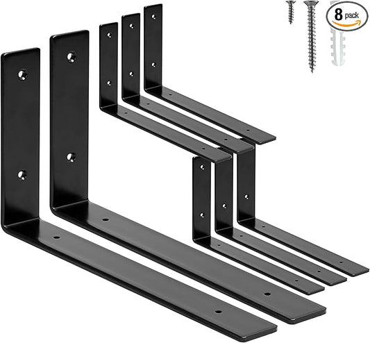 HEART ART 8 Pack Shelf Brackets 12 inch,L Brackets for Shelves,Black Heavy Duty Metal Shelf Brackets,12”x6”x1.4”