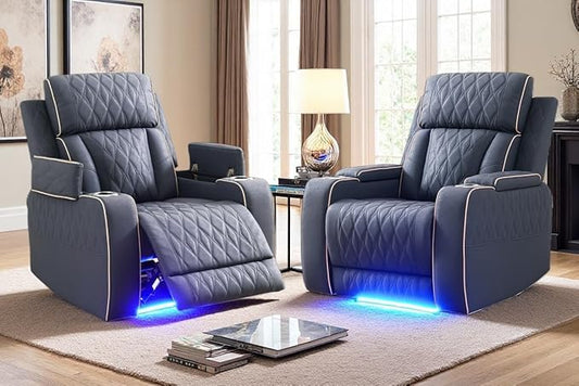 Blue Grey Leather Power Recliner Chairs, Two Reclining Sofa Chairs with Comfortable Armrest and Backrest, Living Room Furniture Sets with LED Home Theater Seating for Living Room, Bedroom