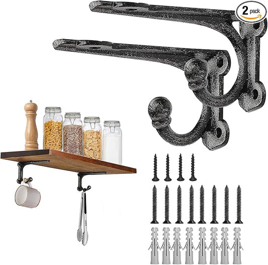 Shelf Brackets 4 Inch 2 Pack, Cast Iron Shelf Brackets for Wall Shelving, Rustic Shelving Brackets with Hooks Black, Heavy Duty Floating Brackets Wall Mounted