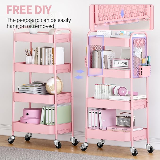 TOOLF 4 Tier Rolling Cart with Pegboard, Metal Storage Organizer Cart with Wheels, Hooks & Bins Esthetician Craft Art Sturdy Storage for Bathroom, Kitchen, Office, Nursery Diaper