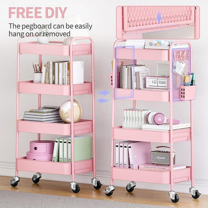 TOOLF 4 Tier Rolling Cart with Pegboard, Metal Storage Organizer Cart with Wheels, Hooks & Bins Esthetician Craft Art Sturdy Storage for Bathroom, Kitchen, Office, Nursery Diaper