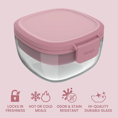 Bentgo Glass Salad Container - 7.6-Cup Salad Bowl with Airtight Lid, Leak-Proof Sauce Container, 4-Compartment Bento Tray & Reusable Fork - BPA-Free for Meal Prep, Office & More (Rose)