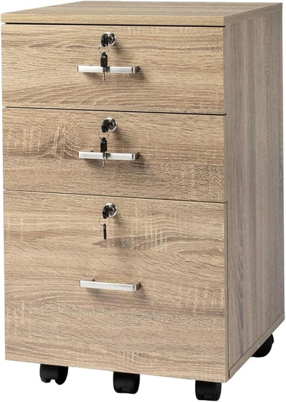 VINGLI 3-Drawer File Cabinet with Lock, Wood Rolling Filing Cabinets for Home Office, Mobile Printer Stand, Under Desk File Organizer for Letter Sized Files, 26" H(Caster Included), Oak