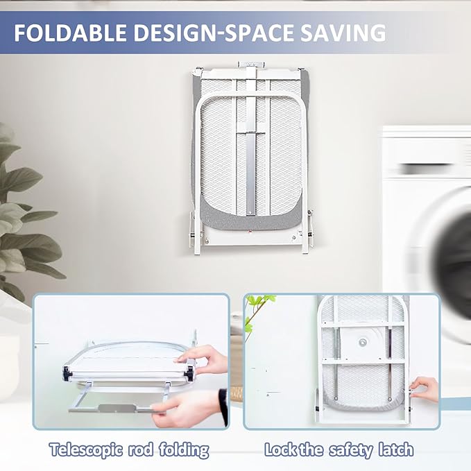 VerRich Foldable Wall Mounted Ironing Board 36” x 12”180°Rotatable Ironing Boardwith Heat Resistant Cover, Space-Saving for Home, Laundry Room,Apartment & Dorms, Gray
