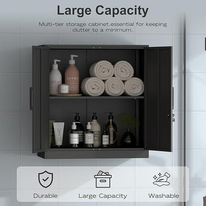 Metal Wall Cabinet,Garage Wall Cabinet with Handle,Lockable Storage Cabinets Wall Mounted with 2 Doors,Locking Cabinet with Shelves for Basement,Living Home,Black