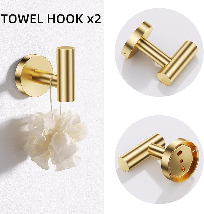 TURS Brushed Gold 5 Piece Bathroom Hardware Set, SUS304 Stainless Steel Bath Towel Bar Set, Bathroom Towel Rack Set Wall Mounted