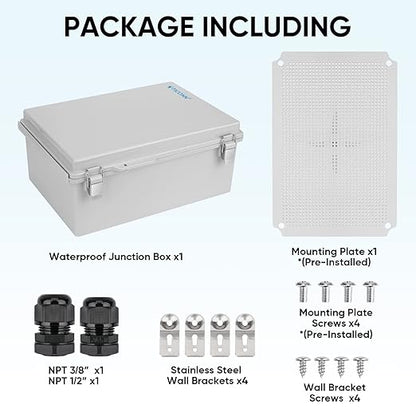 TICONN Outdoor Electrical Box Waterproof, Junction Box IP67 ABS Plastic Enclosure with Hinged Cover with Mounting Plate, Wall Brackets, Cable Glands (Off-White, 13.8"x9.8"x5.9")