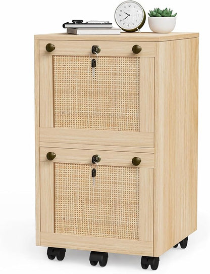 VINGLI 2 Drawer File Cabinet with Lock, Rolling File Cabinets for Home Office, Small Printer Stand, Wood Rattan Oak File Organizer, Under Desk Filing Cabinet on Wheels for Folders with Tabs