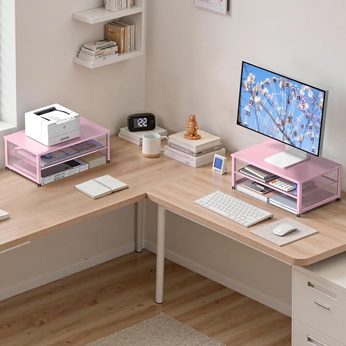 2-Tier Computer Monitor Stand Riser, Desk Organizer for Monitor, Printer & Laptop Stand, Desktop Workspace Organizers for Office Supplies(Pink)