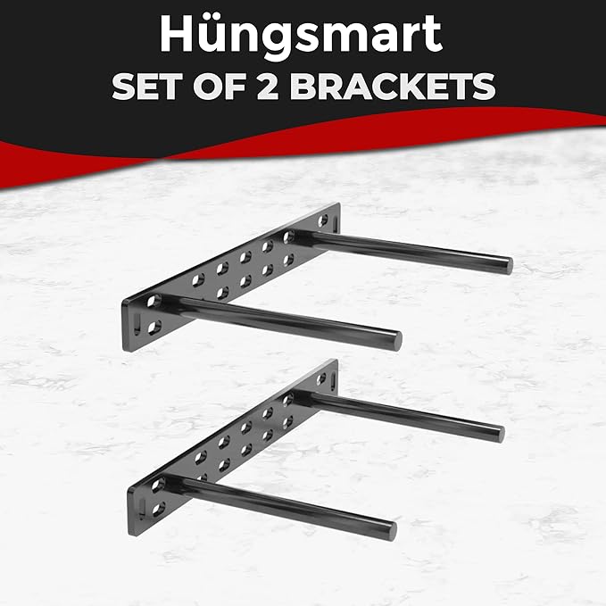 Set of 2 Floating Shelf Brackets 11 inch Multiple Mounting Location Baseplate/Heavy Duty Black Painted Mild Steel Bracket Hidden Wall Shelves Support Hardware Mount Kitchen/Nursery Decor (6 inch Rods)