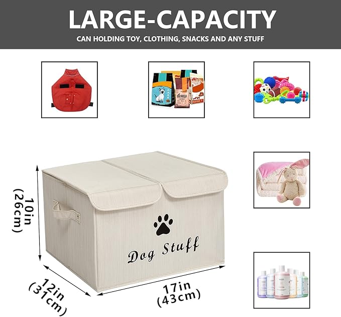 Dog toy box with lid dog storage organizer perfect basket for dog toys living room, playroom, closet, home organization and storage - Dog - Bamboo Beige