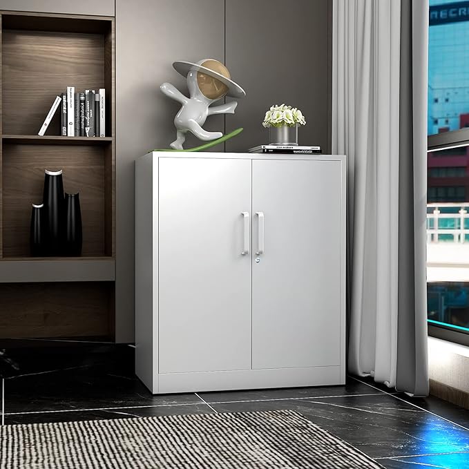 Metal Storage Cabinet with Lock, 36" Small Steel Locker Storage Cabinets, 2 Adjustable Shelves 2 Doors for Home, Office, Garage and Kitchen (White)