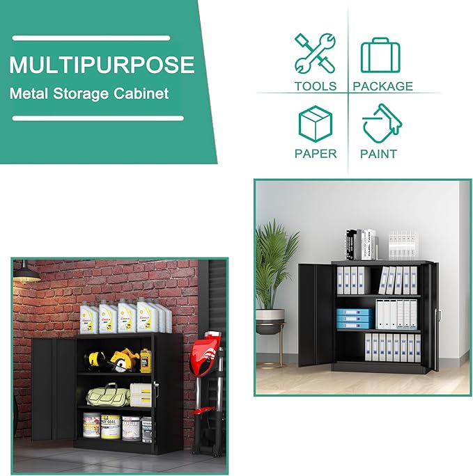 Locking Garage Storage Cabinet with Door, Black Metal Wall Cabinet with Shelves, Small File Cabinet for Home, Office, School, 41.6''H× 36 ''W ×18''D, Assembly Required