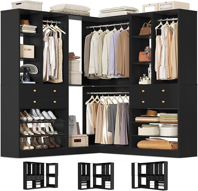 Closet System with 4 Drawers and Hanging Rods, 59.5"L / 87"L Closet Organizer System with Corner Tower, L Shaped Walk-in Closet System, Corner Closet System with Shelves, Set of 3, Black