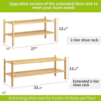 BMOSU 2-Tier Bamboo Extended Shoe Rack Premium Stackable Shoe Shelf Storage Organizer for Hallway Closet Living Room Entryway Organizer (Natural Bamboo)