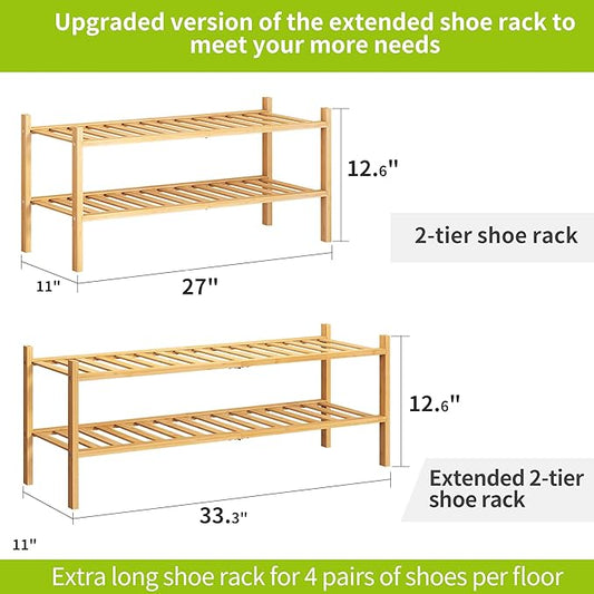 BMOSU 2-Tier Bamboo Extended Shoe Rack Premium Stackable Shoe Shelf Storage Organizer for Hallway Closet Living Room Entryway Organizer (Natural Bamboo)