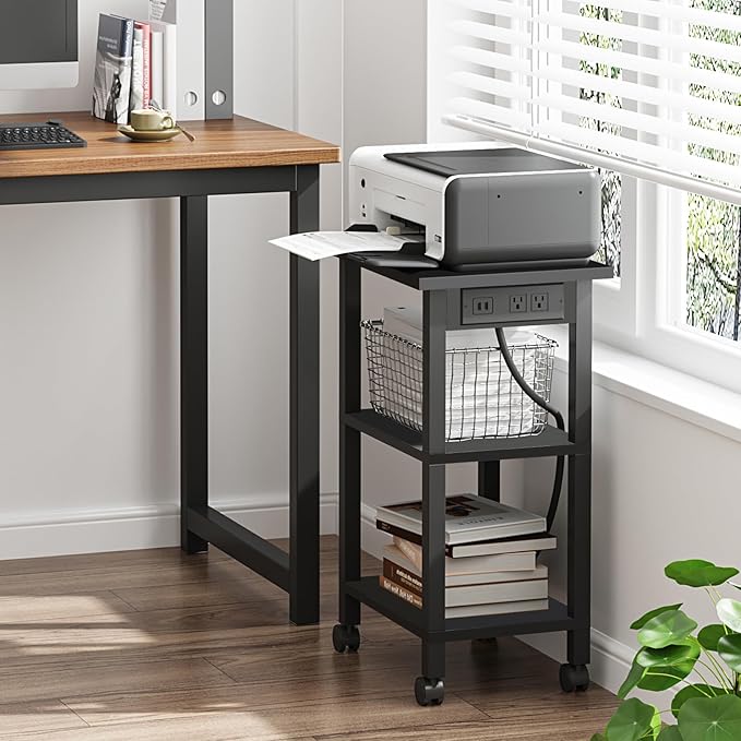 TUTOTAK 3 Tier Printer Stand, Rolling Printer Cart with Power Outlets and USB Ports, Mobile Printer Table with Wheels, for Under Desk, Office, Home, Greige PS02BK001